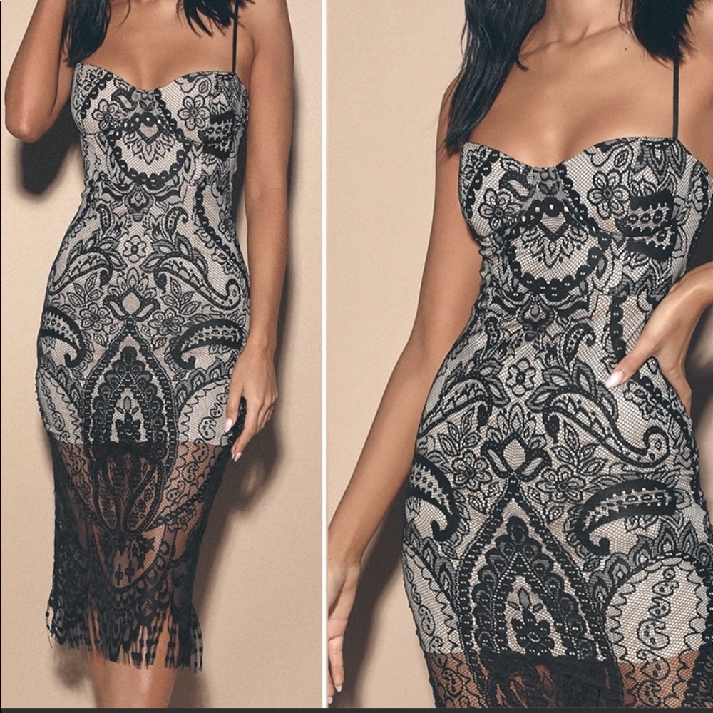 Lulus. Love Myself Black Lace Bustier Midi Dress. Size L.